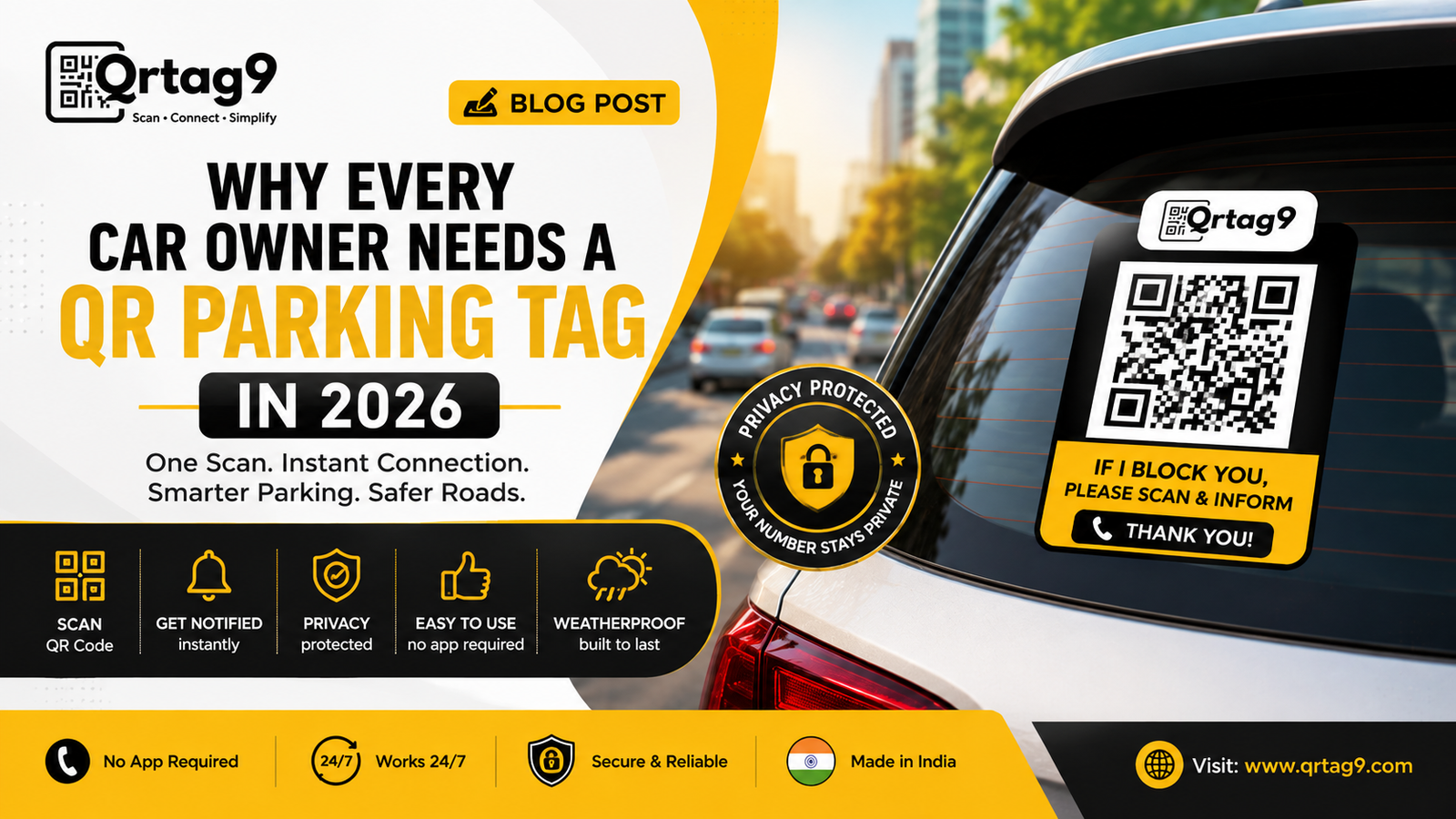 Qrtag9 QR Parking Tag sticker on a car windshield for secure vehicle owner contact