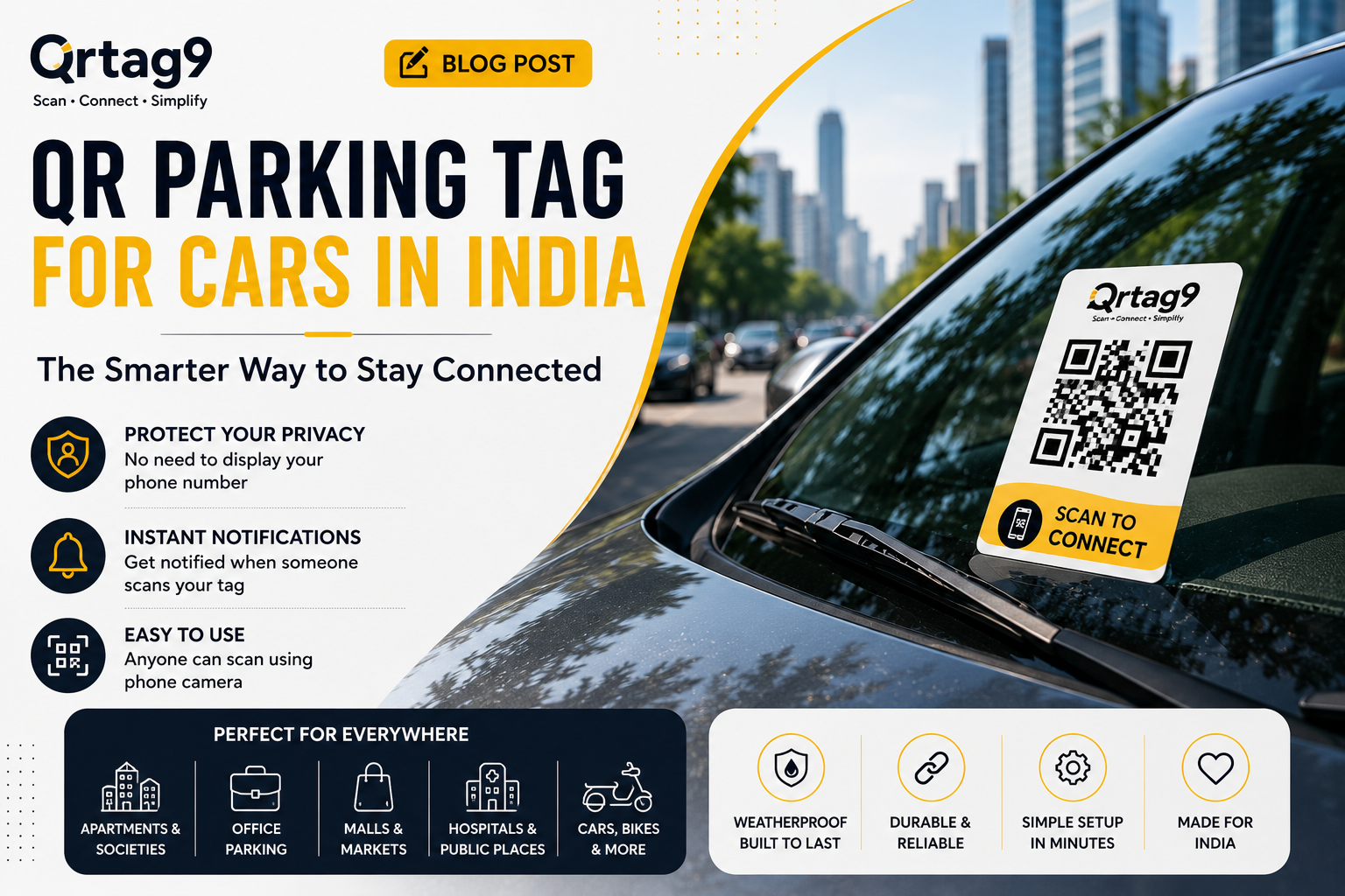 Qrtag9 QR Parking Tag on a car for smart vehicle owner communication