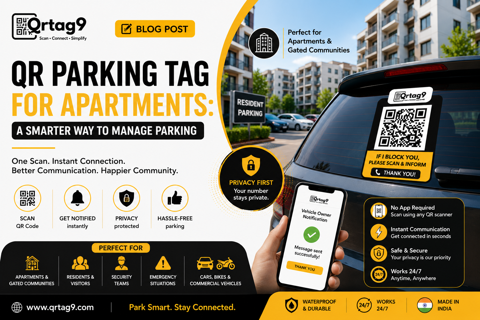 Qrtag9 QR Parking Tag on a car for apartment parking communication