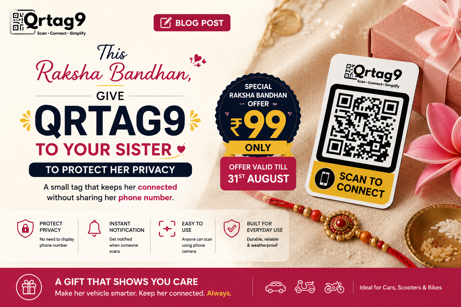 Qrtag9 QR Parking Tag Raksha Bandhan gift for sister to protect her privacy