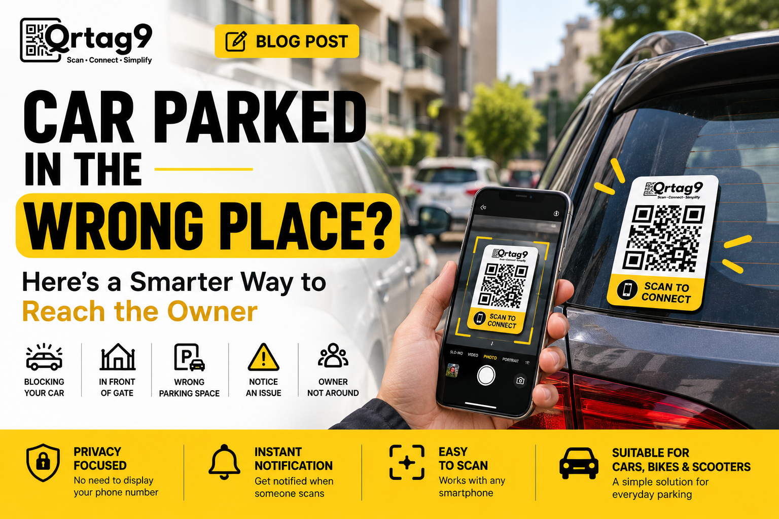 Qrtag9 QR Parking Tag helps contact a vehicle owner when a car is parked incorrectly